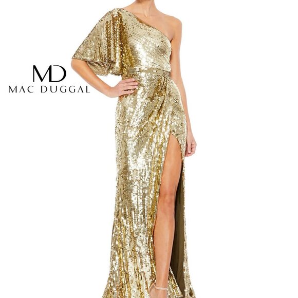 NWT Mac Duggal Embelllished Cap Sleeve Sequin Trumpet‎ Gown Gold 4 93540 - Picture 1 of 11